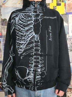Y2K Iron Fist Zip-Up Sweater RARE skeleton anatomy graphic jacket - Mens Large